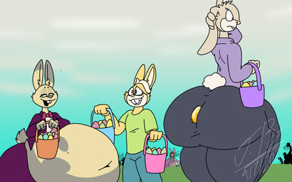 anthro basket belly big_belly big_butt bottomwear bow_tie butt clothed clothing container curvy_figure easter_egg egg egg_in_ass exposed_belly eyes_closed eyewear femboy glasses group hair holidays huge_belly huge_butt hyper male male/male navel open_mouth outside overweight shirt sitting sitting_on_another size_difference smile tail teeth text thick_thighs topwear trio voluptuous voluptuous_male wide_hips jayme_universe easter ben-bun_(afraart) lagomorph leporid mammal rabbit digital_media_(artwork) english_text hi_res