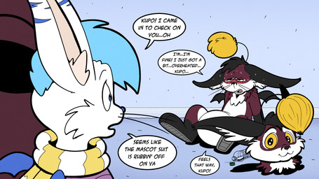 after_transformation antennae_(anatomy) bat_wings black_hair black_wings blue_nose blush blush_lines bodily_fluids bottle bottomwear clothing container costume dialogue duo fingerless_gloves fur fursuit fursuit_head gloves hair handwear heat_(temperature) implied_transformation jacket membrane_(anatomy) membranous_wings overheated pom_antennae red_body red_fur shorts speech_bubble striped_body striped_fur stripes sweat sweatdrop sweating_profusely text topwear transformation water_bottle whiskers white_body white_fur wings yellow_eyes trevor-fox erakir_(character) ivalician_moogle 16:9 english_text hi_res widescreen