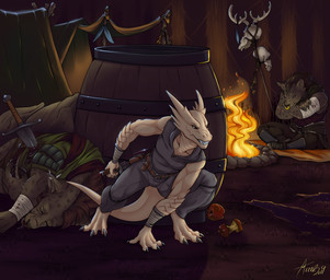 3_toes 4_fingers anthro armor bandage barefoot barrel blood bodily_fluids bone campfire claws clothed clothing dagger death digitigrade facial_piercing feet fingers fully_clothed grimace group horn male melee_weapon nose_piercing nose_ring piercing ring_piercing scales sharp_teeth sitting skull tan_body tan_scales teeth toe_claws toes weapon razrroth karesha gnoll hyena kobold mammal scalie hi_res