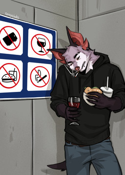 alcohol anthro belt beverage bottomwear burger cellphone cigarette clothing container cup disregarding_notices drinking_glass drinking_straw ear_piercing ear_ring electronics eyebrow_piercing eyes_closed facial_piercing fangs food fur furgonomic_piercing furgonomics glass glass_container glass_cup holding_beverage holding_burger holding_container holding_cup holding_drinking_glass holding_food holding_object holding_wine_glass hoodie male muzzle_piercing nose_piercing notched_ear notice pants phone phone_on_shoulder piercing prohibition_sign ring_piercing sign smartphone smoke smoking smoking_cigarette solo standing tail teeth topwear wine wine_glass spuydjeks miles_(spuydjeks) bat mammal 2026 digital_media_(artwork) hi_res meme portrait signature three-quarter_portrait