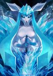 anthro blue_body blue_eyes blue_fur blue_sclera breasts detailed_background dipstick_arms dipstick_limbs elemental_manipulation eyelashes featureless_breasts female fur glowing glowing_eyes holding_object holding_weapon ice ice_blade ice_hair ice_manipulation ice_sword icicle looking_at_viewer melee_weapon mouth_closed nude solo sword weapon juliathedragoncat nintendo pokemon eeveelution felid generation_4_pokemon glaceon mammal pantherine pokemon_(species) 2023 hi_res signature