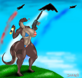 aircraft alcohol anthro beer beverage big_breasts bikini breasts clothing curvy_figure female gun holding_object holding_weapon holidays looking_at_viewer ranged_weapon simple_background solo swimwear thick_thighs two-piece_swimsuit vehicle voluptuous weapon dakar3 4th_of_july lucy_(dakar3) boa_(snake) reptile scalie snake absurd_res hi_res