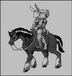 anthro armor black_border boots border breastplate bridle clothing duo female feral footwear grey_background hug hugging_another hugging_from_behind landsknecht male mount nervous reins riding saddle shoes simple_background sitting smile tack revertigo bec_the_rabbit jaclyn_(revertigo) canid canine canis domestic_dog equid equine horse husky hybrid lagomorph leporid mammal nordic_sled_dog rabbit spitz wolf wolfdog digital_media_(artwork) greyscale hi_res monochrome shaded signature