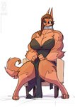 2022 anthro big_breasts big_muscles breasts brown_body brown_eyes brown_fur brown_hair canid canine chair choker cleavage clothed clothing conditional_dnp female fur furniture hair huge_breasts huge_muscles hyper hyper_muscles jewelry jollyjack mammal muscular muscular_anthro muscular_arms muscular_female mythological_canine mythological_creature mythology necklace pecs pecs_with_breasts sitting slit_dress solo were werecanid werecanine werewolf