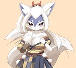 anthro asian_clothing bare_shoulders big_breasts black_sclera blue_body blue_fur breasts cleavage clothed clothing east_asian_clothing female fur hair inner_ear_fluff japanese_clothing kimono looking_at_viewer solo tail tuft undressing white_body white_fur white_hair white_tail yagasuri lets0020 onmyoji hakuro_(onmyoji) canid canine canis mammal wolf