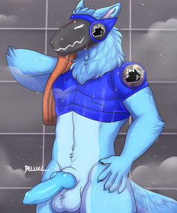 animal_genitalia animal_penis anthro armor balls bathing blue_armor blue_body blue_fur blue_penis bottomless canine_genitalia canine_penis clothed clothing countershade_torso countershading drying erection fur genitals knot machine male penis protogen_armor protogen_visor shower showering slim smile smug solo towel wet white_body white_fur white_torso deluxl lasket protogen 2025 digital_drawing_(artwork) digital_media_(artwork) hi_res portrait shaded signature three-quarter_portrait