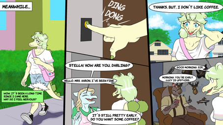 anthro bald blonde_hair blue_body blue_eyes bone_frill bottomwear braided_hair breasts brown_body building city cityscape clothed clothed_anthro clothed_female clothing cloud day denim denim_bottomwear denim_clothing denim_shorts dialogue doorbell doorway eyes_closed feathered_wings feathers female fingers footwear frill_(anatomy) frown furgonomics grass green_hair grey_body grey_feathers group hair house humanoid_hands inside long_hair looking_aside male mature_female mature_male nervous non-mammal_breasts open_mouth open_smile outside pink_purse plant shadow shirt shoes shorts sitting smile speech_bubble spiked_tail spikes spikes_(anatomy) standing tail talking_to_another text thinking topwear tree trio walking white_clothing white_shirt white_topwear wings fuegosonic93 cavemanon_studios snoot_game ripley_(snoot_game) samantha_(snoot_game) dinosaur ornithischian prehistoric_species pterosaur reptile scalie stegosaurian stegosaurus thyreophoran 16:9 4k absurd_res colored comic english_text hi_res shaded widescreen