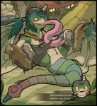 2018 after_transformation alternate_species anus belt bird_wyvern breasts busty_feral capcom clothed clothing dialogue digital_media_(artwork) dragon english_text european_mythology eyewear feathers female feral fire food forest forked_tongue genitals goggles green_body green_scales green_tail half-closed_eyes hi_res jungle long_tongue monster_hunter mythological_creature mythological_scalie mythology narrowed_eyes nexivian non-mammal_breasts open_mouth open_smile plant pukei-pukei pupils pussy scales scalie slit_pupils smile solo spreading tail tent text the_handler_(monster_hunter) tongue tongue_out transformation tree western_dragon wings wyvern