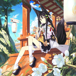 black_hair bottomwear branch clothing cloud detailed_background eating female flower food hair lamp lantern light long_hair paper_lantern plant sitting skirt solo sunlight tail thin_calves thin_legs thin_thighs yellow_eyes poco kuromitsu_nene animal_humanoid humanoid mammal 1:1