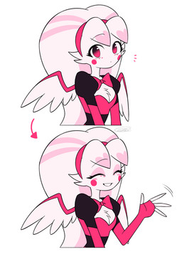 chest_fur clothed clothing eyes_closed feathered_wings feathers female gesture solo waving waving_at_viewer wings enaic31 hazbin_hotel hellaverse molly_(hazbin_hotel) angel arachnid arthropod humanoid spider absurd_res hi_res