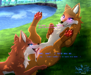 anus blep blue_eyes blush bodily_fluids cunnilingus dialogue duo fangs female female/female feral feral_on_feral fur genitals grass humanoid_genitalia humanoid_genitalia_on_feral humanoid_vulva humanoid_vulva_on_feral lake markings mole_(marking) open_mouth oral orange_body orange_fur pawpads paws plant purple_eyes saliva sex spread_legs spreading teeth text tongue tongue_out tree vaginal vulva water white_body white_fur astralia canid canine fox mammal english_text hi_res watermark
