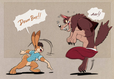 anthro arf bodily_fluids bottomless brown_body brown_fur brown_hair buckteeth claws clothed clothing command cotton_tail dialogue duo fangs fur geometric_background hair male muscular muscular_male paws pecs red_nose sagging_pants sharp_teeth shirt simple_background size_difference smile speech_bubble sweat sweatdrop tan_body tan_fur teeth topwear vest piti_yindee down_boy_(meme) billy_buns hank_howell_(piti_yindee) canid canine canis lagomorph leporid mammal rabbit wolf 2025 hi_res signature