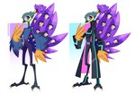 ambiguous_gender anthro beak blue_body blue_eyes blue_feathers clothed clothing crotch_tuft feather_markings feathers feet footwear jacket markings nervous orange_body orange_feathers purple_body purple_feathers simple_background solo standing tail tail_feathers talons toes topwear tuft wings doodledox avian bird galliform peafowl phasianid 2023 absurd_res full-length_portrait hi_res portrait