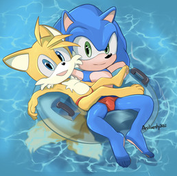 anthro barefoot bulge clothing duo feet inflatable inner_tube male male/male pool_float pool_toy public red_clothing red_speedo red_swimwear size_difference speedo swimming_pool swimwear young young_anthro anitwenty sega sonic_the_hedgehog_(series) miles_prower sonic_the_hedgehog canid canine eulipotyphlan fox hedgehog mammal hi_res