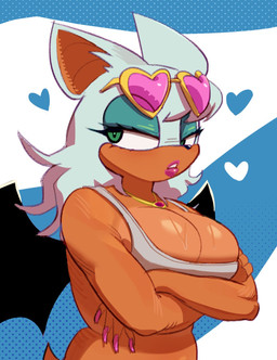 anthro bat_wings big_ears black_wings blue_eyeshadow bodily_fluids breasts cleavage clothed clothed_anthro clothed_female clothing colored_fingernails colored_nails crop_top crossed_arms eyelashes eyeshadow eyewear eyewear_on_head female female_anthro fingernails fingers glistening glistening_breasts green_eyes hair heart_sunglasses heart_symbol jewelry lips lipstick looking_back makeup membrane_(anatomy) membranous_wings nails narrowed_eyes necklace pink_fingernails pink_lipstick pink_nails shirt solo sunglasses sunglasses_on_head sweat sweaty_breasts tail tan_body tan_inner_ear tan_skin topwear white_clothing white_crop_top white_ears white_hair white_sclera white_topwear wings kitapult sega sonic_the_hedgehog_(series) rouge_the_bat bat mammal 2025 digital_media_(artwork) half-length_portrait hi_res portrait