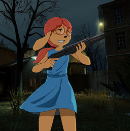 anthro bottomwear clenched_teeth clothed clothing crossdressing eyewear glasses hair male pointing_gun red_hair scared screencap screencap_background simple_coloring skirt solo spas-12 teeth wearing_glasses yellow_body bleating_dip half-life_2 maby_(uglycoal) canid canine canis domestic_dog mammal hi_res shaded simple_shading
