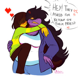 ambiguous_gender angry anthro breasts claws cleavage clothed clothing duo female freckles heart_symbol holding_partner holding_person jacket non-mammal_breasts pupils purple_body scales sharp_teeth slit_pupils sweater teeth text topwear vein yellow_sclera izzydrawsforfun deltarune undertale_(series) kris_dreemurr susie_(deltarune) human mammal reptile scalie 1:1 english_text hi_res