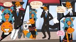 anthro canid canine clothed clothing comic countershading duo english_text felid feline female fluffy fluffy_tail fox hi_res humanoid maid_uniform male male/female mammal open_clothing paws softpawcafe suit tail text uniform