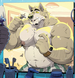 anthro areola arm_hair barazoku bathroom belly biceps big_muscles big_pecs body_hair brush claws clock clothed clothing container cup deltoids detailed_background door eyebrows facial_tuft fur holding_object huge_muscles huge_pecs inside kemono male mature_anthro mature_male mirror mirror_reflection musclegut muscular muscular_anthro muscular_male navel nipples open_mouth open_smile pecs personal_grooming pubes razor reflection shaving shaving_cream sink smile solo standing text thick_arms tools toothbrush topless topless_anthro topless_male tuft underwear underwear_only watch yellow_sclera gh0stfood hugo_(gh0stfood) canid canine canis mammal wolf 2026 english_text hi_res