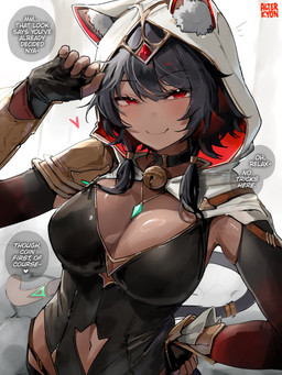 big_breasts black_hair blush breasts clothed clothing dark_body dark_skin dialogue female hair looking_at_viewer navel red_eyes speech_bubble talking_to_viewer text alterkyon vira_(alterkyon) animal_humanoid cat_humanoid felid felid_humanoid feline feline_humanoid humanoid mammal mammal_humanoid 2026 3:4 english_text hi_res