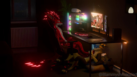 4_toes blue_eyes blue_hair blue_tongue brown_body brown_fur computer electronics feet foot_fetish foot_lick fur gaming hair inside licking night nude pawpads paws red_body red_eyes red_fur toes tongue whiskers worship blammyshmoozled gigi2k rexouium 16:9 3d_(artwork) 3d_animation animated digital_media_(artwork) hi_res long_playtime no_sound video widescreen