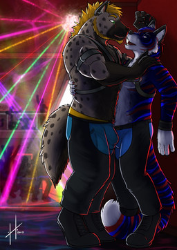 anthro anthro_on_anthro black_bottomwear black_clothing black_pants blonde_hair blue_bottomwear blue_clothing blue_underwear bottomwear bulge clothing detailed_bulge duo ear_piercing ear_ring facial_markings facial_spots fur green_eyes hair head_markings imminent_kiss inside male male/male male_anthro markings muscular muscular_anthro muscular_male pants piercing purple_eyes ring_piercing short_hair side_view spots spotted_body spotted_face spotted_fur spotted_markings spotted_neck spotted_shoulder spotted_tail standing striped_arms striped_body striped_face striped_fur striped_markings striped_tail stripes tail tail_markings underwear hufnaar felid hyena mammal 2018 dated hi_res