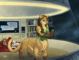 animal_genitalia anthro book bottomless breasts brown_body brown_fur brown_hair brown_nose claws cleavage clothed clothing computer_screen detailed_background digitigrade feet fully_sheathed fur futuristic genitals gynomorph hair hindpaw intersex paws plushie quadruped science_fiction sheath shirt solo space star tail topwear whiskers yellow_body yellow_fur kacey chakona_space darkepaw chakat felid felid_taur lion mammal mammal_taur pantherine taur 2008 traditional_media_(artwork) herm_(lore)