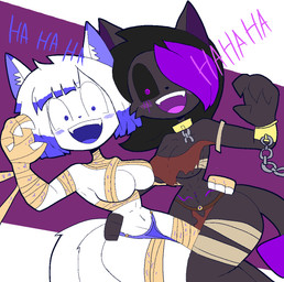 anthro bandage bandaged_arm bandaged_chest bandaged_leg big_breasts black_body black_fur black_hair blue_eyes blue_hair blush blush_lines bottomwear breasts chain chained_collar chained_cuffs cleavage clothed clothing duo fangs female fur hair hand_on_hip laugh loincloth looking_at_viewer maniacal_laughing multi_tail multicolored_hair navel open_mouth purple_eyes purple_hair scroll simple_background smile spiral spiral_eyes tail teeth text thick_thighs white_body white_fur white_hair wide_hips usagibun1 ayumi_(usagibun1) yonaka_(j3k) canid canine domestic_cat felid feline felis fox mammal 2025 digital_media_(artwork)