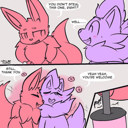 ambiguous_gender blush bodily_fluids container cup dialogue drinking_straw duo fangs feral looking_at_another neck_tuft nuzzling open_mouth open_smile purple_body red_body smile speech_bubble sweat sweatdrop tail tail_motion tailwag talking_to_another teeth text tuft nulloffset nintendo pokemon leif_(nulloffset) taro_(nulloffset) eevee generation_1_pokemon generation_5_pokemon pokemon_(species) zorua 1:1 comic english_text hi_res restricted_palette watermark