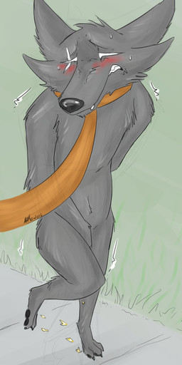amputee anthro blush bodily_fluids collar desperation disability empty_eyes full_bladder genital_fluids holding_crotch knock-kneed leash male omorashi peeing potty_dance scar solo urine watersports wetting white_eyes conditional_dnp wolftacos homestuck ms_paint_adventures bec_noir canid canine mammal digital_media_(artwork) hi_res