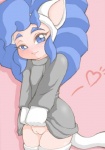 blue_eyes blue_hair blush clothed clothing clothing_lift female genitals gloves hair handwear heart_symbol legwear long_hair looking_at_viewer pussy shirt shirt_lift solo standing tail thigh_highs topwear noise_(artist) capcom darkstalkers felicia_(darkstalkers) animal_humanoid cat_humanoid domestic_cat felid felid_humanoid feline feline_humanoid felis humanoid mammal mammal_humanoid