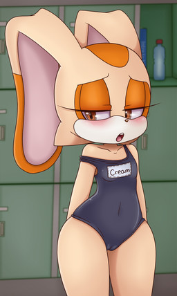 anthro belly black_nose blush book bottle breasts camel_toe clothed clothing container curvy_figure detailed_background dipstick_ears ear_markings female fur hair half-closed_eyes inside locker locker_room multicolored_body multicolored_ears multicolored_fur narrowed_eyes navel off_shoulder one-piece_swimsuit open_mouth orange_body orange_fur school_swimsuit solo standing swimwear tan_body tan_fur teeth tongue voluptuous water_bottle wide_hips young young_anthro es74 tenshigarden sega sonic_the_hedgehog_(series) cream_the_rabbit lagomorph leporid mammal rabbit 2018 colored digital_media_(artwork) hi_res