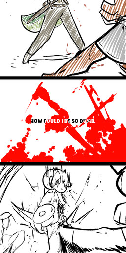 anthro arrow_in_chest arrow_through_chest attack blood bodily_fluids crotch_attack crotch_kick female genital_torture gore kick kicking_another male sword_on_waist text brradett microsoft the_elder_scrolls lernie_(brradett) argonian human mammal scalie absurd_res comic english_text hi_res long_image tall_image