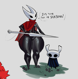 anthro black_body black_sclera blue_clothing cape cloak clothing dialogue duo exoskeleton eyelashes female grass grey_background holding_object holding_weapon horn larger_female male melee_weapon mouthless plant polearm red_clothing red_scarf rock scarf simple_background size_difference smaller_male spear speech_bubble standing thick_thighs weapon white_mask wide_hips ketsui hollow_knight_(franchise) team_cherry hornet_(hollow_knight) the_knight_(hollow_knight) arthropod vessel_(species) brother_(lore) brother_and_sister_(lore) sibling_(lore) sister_(lore)