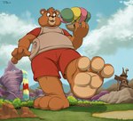 3_toes 4_fingers aircraft airship anthro barefoot bottomwear building clothed clothing cloud feet fingers forest fur grass holding_ship humanoid_heel low-angle_view macro male mountain open_mouth pants paws plant shirt sky solo toes topwear tree vehicle waterfall wide_eyed worm's-eye_view teaselbone teddy_ruxpin_(series) teddy_ruxpin bear mammal 2023 digital_media_(artwork)