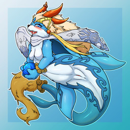 4_horns belly blonde_hair blue_body blue_fur blue_markings blush bodily_fluids breasts cjk_character featureless_breasts female fin floating forehead_gem fur gem genitals hair holding_object horn looking_at_viewer markings multi_horn open_mouth orb red_horn saliva scarf serpentine simple_background solo split_form tail tail_tuft teeth tongue tuft vulva white_body white_fur yellow_body yellow_fur stickdora bandai_namco tales_of_(series) tales_of_rebirth shaorune canid canine hybrid mammal marine merfolk 1:1 hi_res