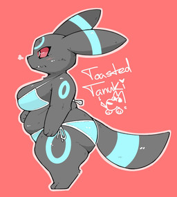 anthro belly big_breasts big_butt big_tail bikini bikini_bottom bikini_top black_body black_fur blue_bikini blue_body blue_clothing blue_fur blue_swimwear blush breasts breath butt circle_(marking) closed_frown clothing embarrassed fangs female frown fur mouth_closed outline overweight overweight_anthro overweight_female paws plantigrade pokemorph pupils red_background red_sclera shortstack shortstack_female side_view simple_background solo swimwear tail teeth thick_thighs two-piece_swimsuit toastedtanuki nintendo pokemon eeveelution generation_2_pokemon pokemon_(species) shiny_pokemon umbreon 2025 signature