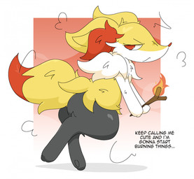 3_fingers ambiguous_anthro ambiguous_gender anthro arm_tuft biped black_body black_fur border cheek_tuft chest_tuft digitigrade dipstick_tail ears_back elemental_manipulation emanata eyebrows eyelashes facial_tuft fingers fire fire_manipulation fluffy fluffy_tail frown fur gradient_background half-closed_eyes hip_tuft holding_object holding_stick inner_ear_fluff looking_back markings mouth_closed multicolored_body multicolored_fur narrowed_eyes no_pupils nude_ambiguous nude_anthro on_one_leg orange_body orange_eyes orange_fur orange_inner_ear_fluff orange_nose orange_tail_tip pivoted_ears pointy_ears prick_ears shoulder_tuft side_view simple_background snout solo standing stick tail tail_markings text threatening tuft two_tone_tail white_body white_border white_fur yellow_body yellow_fur yellow_tail guzzlord420 nintendo pokemon braixen canid generation_6_pokemon mammal pokemon_(species) 2026 cel_shading colored digital_drawing_(artwork) digital_media_(artwork) english_description english_text full-length_portrait hi_res portrait shaded