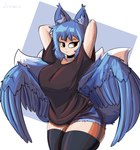 4_tails :> abstract_background back_wings big_breasts black_choker black_clothing black_jewelry black_legwear black_necklace black_shirt black_stockings black_thigh_highs black_topwear blue_body blue_bottomwear blue_clothing blue_feathers blue_fur blue_hair blue_shorts bottomwear breasts choker clothed clothing curvy_female curvy_figure curvy_humanoid denim denim_bottomwear denim_clothing denim_shorts dipstick_tail eyebrow_through_hair eyebrows feathered_wings feathers female fully_clothed fur hair hands_behind_head hourglass_figure hourglass_figured_female hourglass_figured_humanoid huge_breasts inner_ear_fluff jewelry legwear markings multi_tail multicolored_body necklace shirt shorts small_waist solo squish standing stockings tail tail_markings tan_body tan_skin thick_thighs thigh_highs thigh_squish three-quarter_view topwear translucent translucent_hair tuft white_body white_fur wide_hipped_female wide_hipped_humanoid wide_hips wings yellow_eyes justbirb noblestruck animal_humanoid canid canid_humanoid canine canine_humanoid fox_humanoid humanoid mammal mammal_humanoid winged_humanoid absurd_res artist_name digital_media_(artwork) hi_res krita_(artwork) portrait three-quarter_portrait