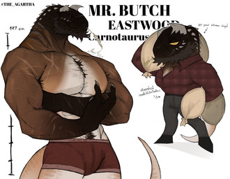 beard chart claws clothing facial_hair height_chart holding_object horn male muscular muscular_male shirt solo text topwear underwear klauky_kl abelisaurid carnotaurus dinosaur prehistoric_species reptile saurischian scalie theropod english_text hi_res thai_text