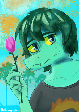 anthro black_clothing black_shirt black_topwear clothing day female fingers flower freckled_face freckles front_view green_body green_eyes green_hair hair holding_flower holding_object humanoid_hands looking_at_viewer medium_hair neutral_expression outside plant shirt sky solo text topwear tree yellow_sclera h0llowgraphic cavemanon_studios i_wani_hug_that_gator olivia_halford baryonyx dinosaur prehistoric_species reptile saurischian scalie spinosaurid theropod absurd_res artist_name bust_portrait colored hi_res portrait shaded