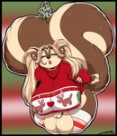 anthro balls big_balls big_breasts black_border blurred_background border bottomless bottomless_anthro bottomless_gynomorph bottomless_intersex breasts christmas_clothing christmas_sweater christmas_topwear clothed clothing eyelashes eyes_closed fingers genitals gynomorph hair holidays huge_balls huge_breasts humanoid_genitalia humanoid_penis intersex legwear lipstick long_hair makeup mistletoe multicolored_hair penis plant solo sweater tail thick_thighs topwear two_tone_hair deonwolf christmas mimi_"godiva"_dulcifer mammal mephitid skunk 2023 digital_media_(artwork) hi_res signature