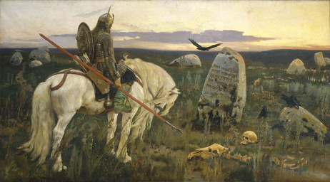 ambiguous_feral ambiguous_gender animal_skull armor arrow_(weapon) bone boots clothed clothed_human clothed_male clothing duo feral footwear grass green_boots green_clothing green_footwear hair headgear helmet holding_melee_weapon holding_object holding_polearm holding_spear holding_weapon hooves horseback_riding human_skull knight long_hair long_mane male male_human mane melee_weapon mount outside plant polearm ranged_weapon riding rock scenery shield shield_on_back shoes skull sky spear standing sunset tail text unguligrade warrior weapon white_body white_hair white_mane white_tail viktor_vasnetsov public_domain ambient_bird ambient_crow equid equine horse human mammal 1882 19th_century absurd_res ancient_art full-length_portrait hi_res oil_painting_(artwork) painting_(artwork) portrait russian_text traditional_media_(artwork) traditional_painting_(artwork) translated