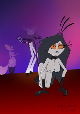 abuse anthro bdsm breasts butt clothing collar crawling eyelashes female glowing glowing_eyes gold_(metal) gold_jewelry gold_necklace group hair jacket jewelry long_eyelashes long_hair male necklace nightclub nipples on_model orange_eyes petplay roleplay smile smirk smirking_at_another topwear trio pedantic_horror hazbin_hotel hellaverse purple_hound_lady_(hazbin_hotel) salina_(hazbin_hotel) unnamed_character valentino_(hazbin_hotel) arthropod canid canine demon humanoid insect lepidopteran mammal moth sinner_demon absurd_res hi_res