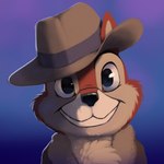 anthro black_nose blue_background brown_body brown_fur chest_tuft clothed clothing fedora fur furgonomic_headwear furgonomics gradient_background hat headgear headwear jacket looking_at_viewer male open_clothing open_jacket open_topwear simple_background smile solo topwear tuft lowfire3 chip_'n_dale_rescue_rangers disney chip_(disney) chipmunk ground_squirrel mammal rodent sciurid 1:1 2023 absurd_res bust_portrait digital_media_(artwork) hi_res portrait