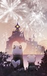 backpack building duo female feral fireworks fur hair holidays male outside plant rear_view shrub white_body white_fur white_hair missaka new_year nier_automata platinumgames yorha_2b yorha_9s canid canine felid leopard mammal pantherine snow_leopard 5:8 comic digital_media_(artwork) hi_res