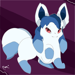 all_fours ambiguous_gender black_nose blue_body blue_fur blue_hair chibi cute_fangs dipstick_tail fangs feral fluffy fluffy_ears fluffy_tail fur hair heart_symbol leg_markings long_ears looking_at_viewer markings multicolored_tail one_leg_up purple_background raised_leg red_eyes simple_background snout socks_(marking) solo tail tail_markings teeth white_body white_fur flurfuchs nintendo pokemon fan_character canid canine eeveelution generation_4_pokemon glaceon mammal pokemon_(species) vampire 2018 hi_res letterbox