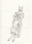 anthro bdsm black_and_white bondage bound cadmiumtea deer dominant dominant_male duo felid feline hooves hug kneeling lynx male male/male mammal monochrome nude simple_background standing submissive submissive_male tail traditional_media_(artwork) white_background