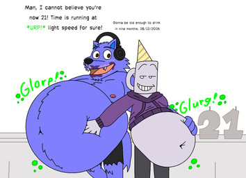anthro belly belly_squeeze belly_squish big_belly birthday black_nose brown_eyes candle clothing container cream_(food) cup deep_navel duo electronics food_stains for_a_head frosting frosting_in_mouth furniture grin hand_on_belly happy hat headgear headphones headwear hoodie looking_at_another male mug navel noseless open_mouth party_hat periwinkle_fur plate rumbling_stomach smile squish stain stated_age table tablecloth text topwear white_eyes itzamug supermariofann1 mythology orin_(itzamug) supermariofanboy canid canine canis humanoid mammal mythological_canine mythological_creature object_head werecanid werecanine werecreature werewolf wolf 2026 english_text hi_res