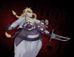 abstract_background anthro armor asian_clothing belly big_breasts blonde_hair bone braided_hair breasts brown_eyes clothing east_asian_clothing embarrassed exposed_breasts female floppy_ears hair holidays horn huge_breasts jacket japanese_clothing looking_down mask melee_weapon navel nipples pose purple_body shocked solo sword tail teeth_showing topwear waist_accessory wardrobe_malfunction weapon blarf bleach_(series) halloween lakota_(blarf) tia_halibel arrancar bovid bovine cattle humanoid mammal zanpakuto absurd_res hi_res tagme